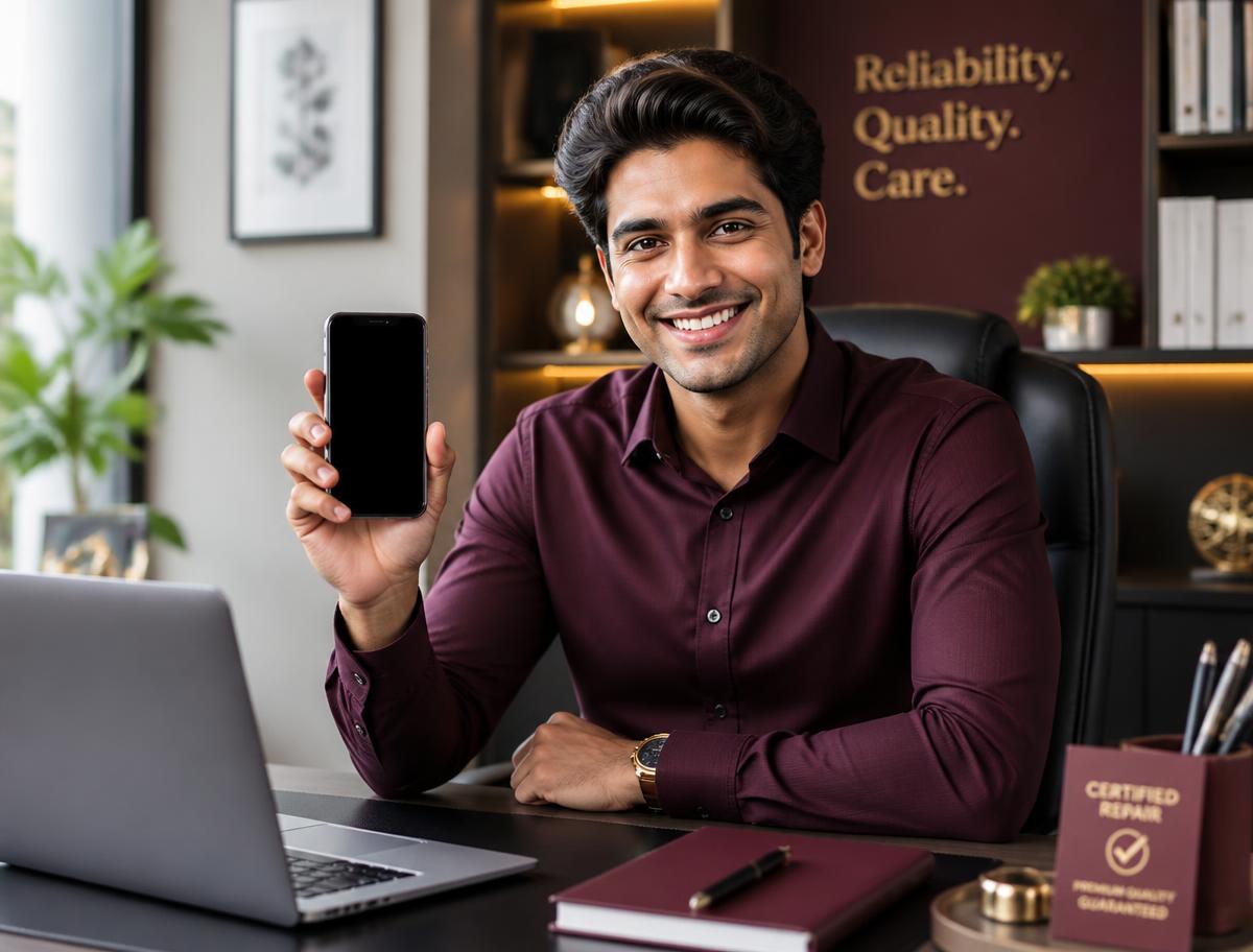 Employee holding a repaired smartphone
