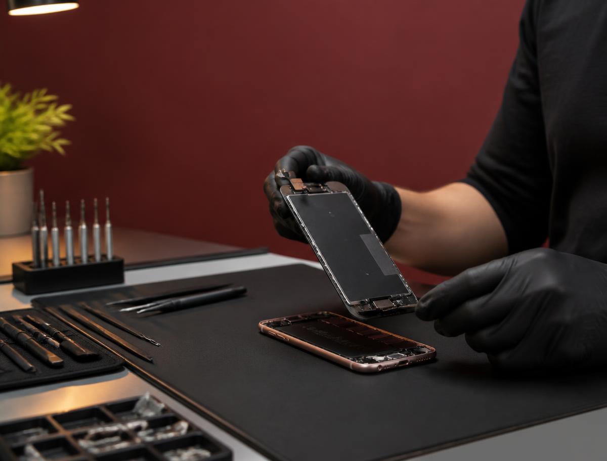 Technician repairing a smartphone screen at an authorised service centre
